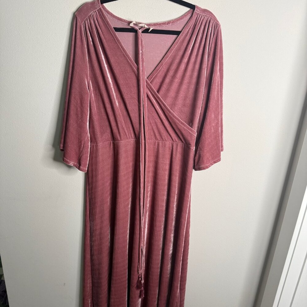 Soft Surroundings Women's Medium Pink Velvet Vera Maxi Quarter Sleeve Dress Soft